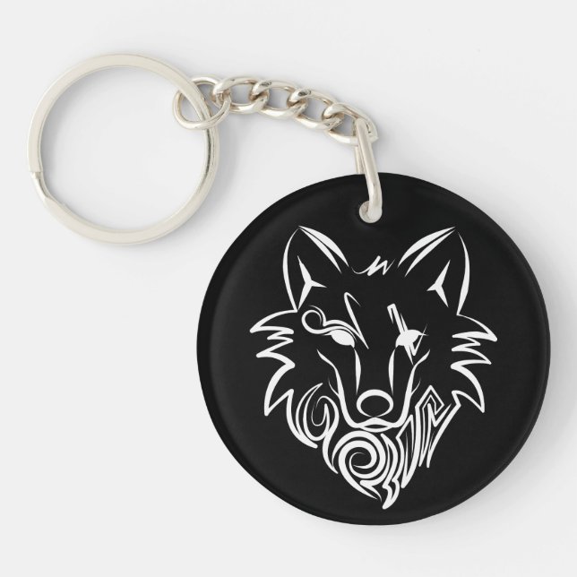 Black and White Tribal Wolf Key Ring (Front)
