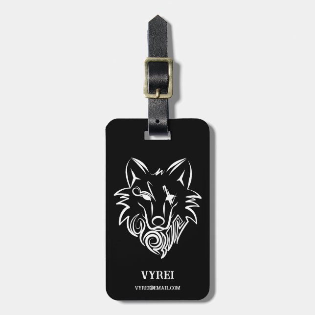 Black and White Tribal Wolf Luggage Tag (Front Vertical)