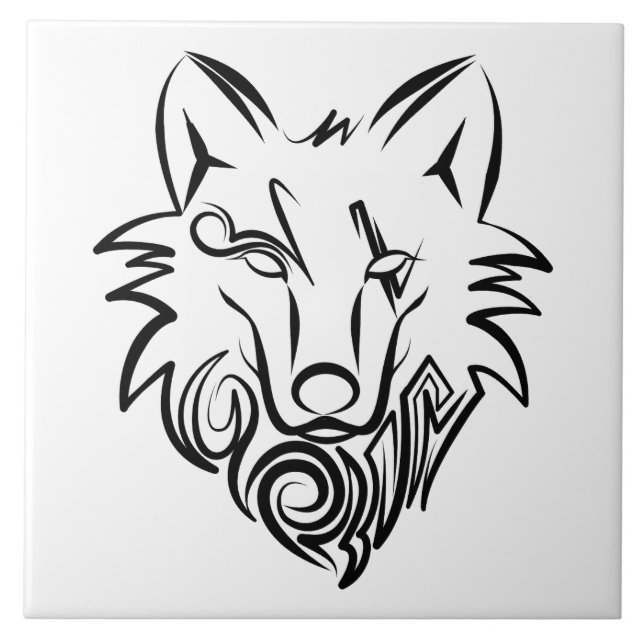 Black and White Tribal Wolf Tile (Front)