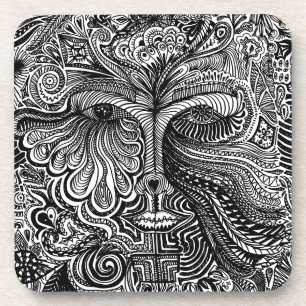 Black and White Trippy Line Portrait Coaster