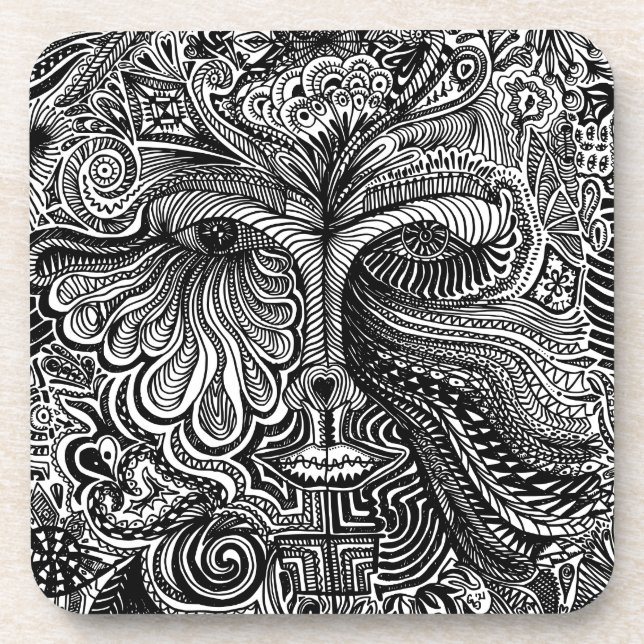 Black and White Trippy Line Portrait Coaster (Front)