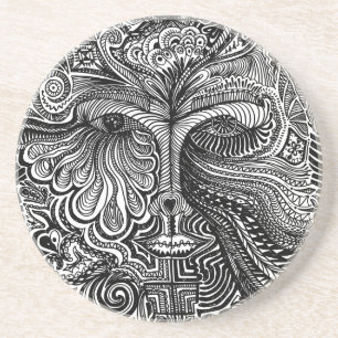 Black and White Trippy Line Portrait Sandstone Coaster