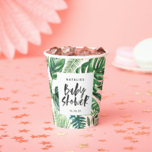 black and white tropical foliage baby shower paper cups