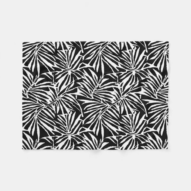 Black And White Tropical Leaf Repeating Pattern Fleece Blanket (Front (Horizontal))