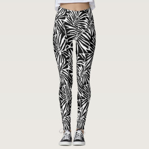 Black And White Tropical Leaf Repeating Pattern Leggings