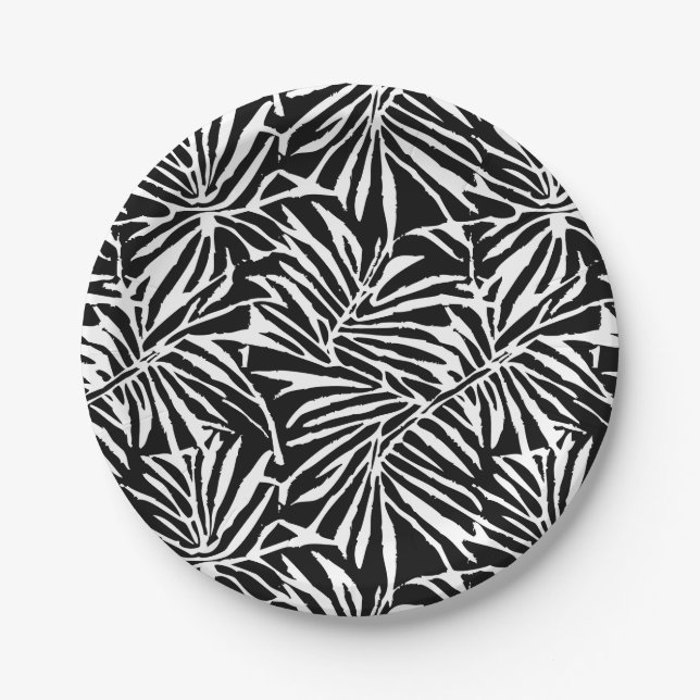 Black And White Tropical Leaf Repeating Pattern Paper Plate (Front)