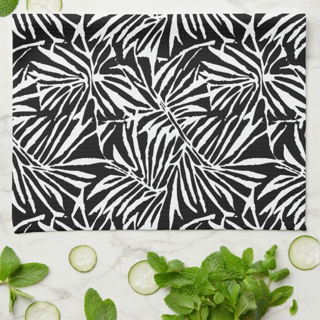 Black And White Tropical Leaf Repeating Pattern Tea Towel (Folded)