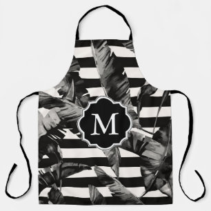 Black and White Tropical Leaves Apron