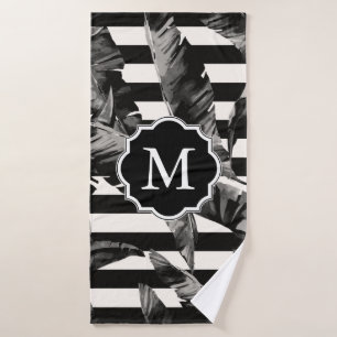 Black and White Tropical Leaves Bath Towel Set