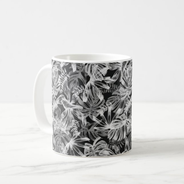 Black and White Tropical Leaves Coffee Mug (Front Left)