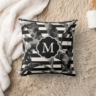 Black and White Tropical Leaves Cushion