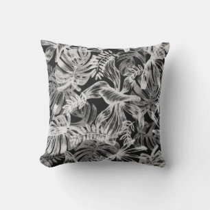 Black and White Tropical Leaves Cushion