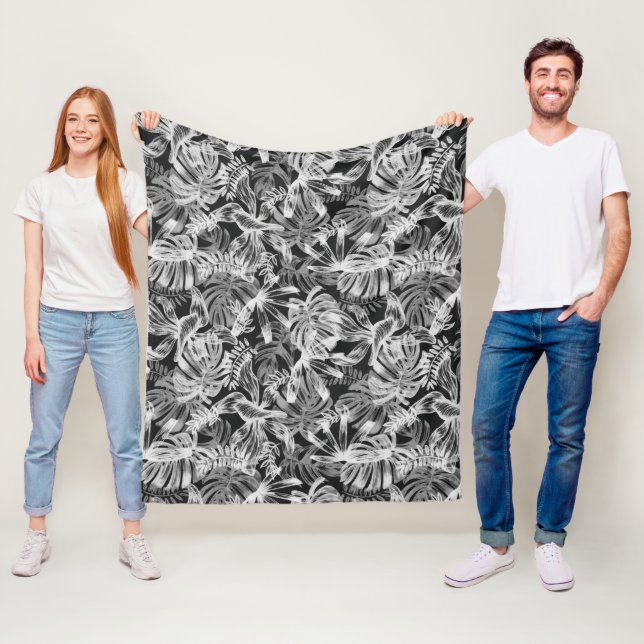 Black and White Tropical Leaves Fleece Blanket (In Situ)