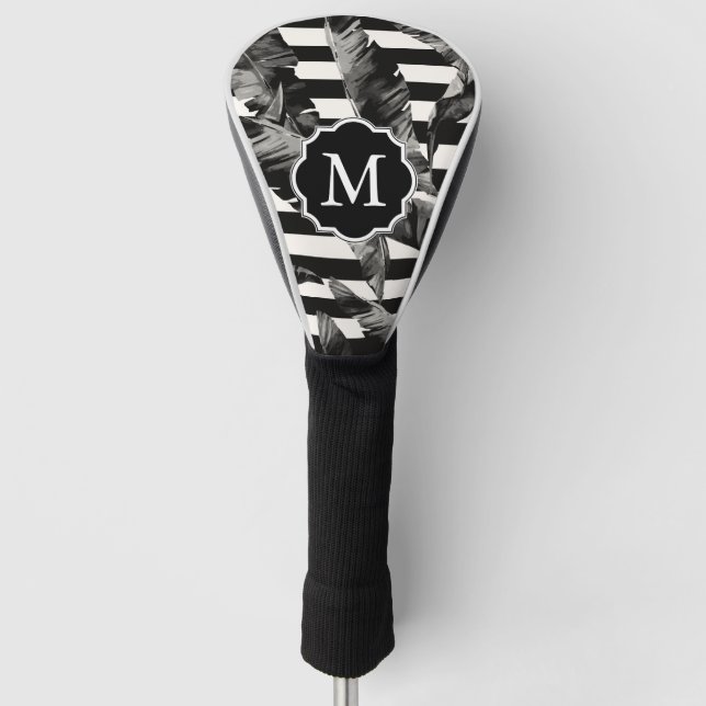 Black and White Tropical Leaves Golf Head Cover (Front)