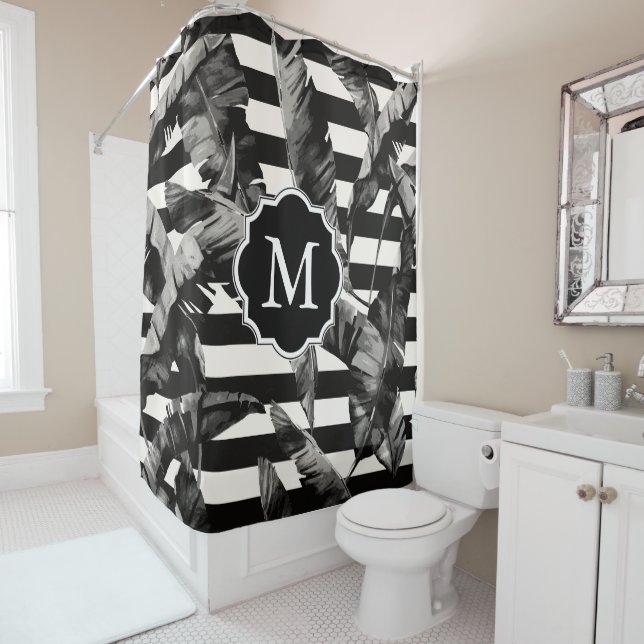 Black and White Tropical Leaves Shower Curtain (In Situ)