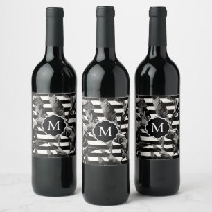 Black and White Tropical Leaves Wine Label