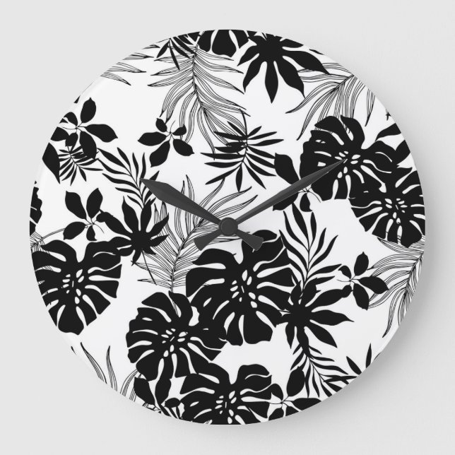 Black and White Tropics: Silhouetted Nature Large Clock (Front)