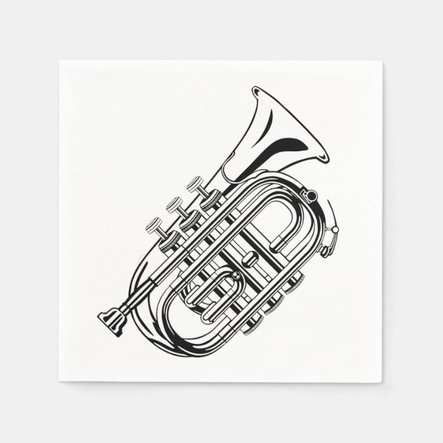 Black and White Trumpet Sketch Musical Instrument Napkin (Front)