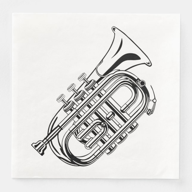 Black and White Trumpet Sketch Musical Instrument Napkin (Front)