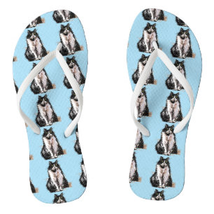 Black and White Tuxedo Cat Cats Cute Blue  Jandals
