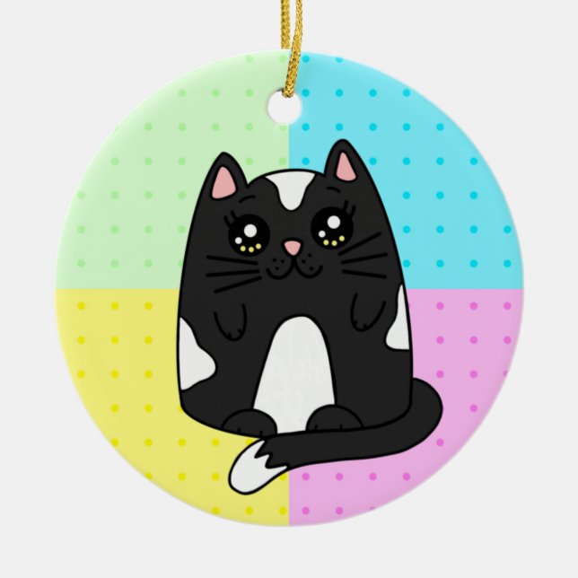 Black and White Tuxedo Cat  Ceramic Tree Decoration (Front)