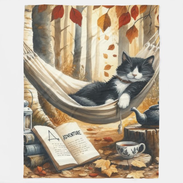 Black and White Tuxedo Cat Dreaming of Adventure Fleece Blanket (Front)