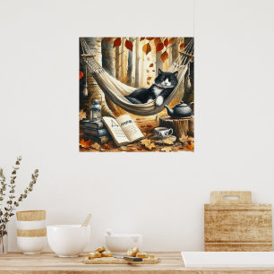 Black and White Tuxedo Cat Dreaming of Adventure Poster