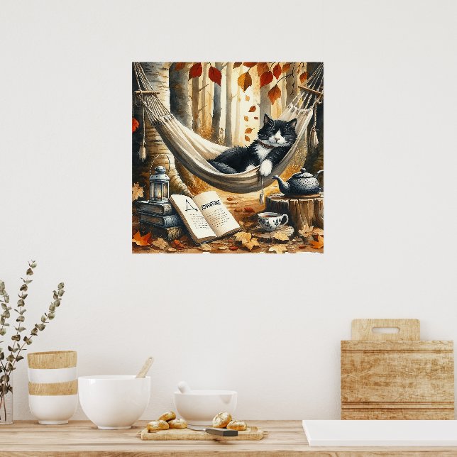 Black and White Tuxedo Cat Dreaming of Adventure Poster (Kitchen)