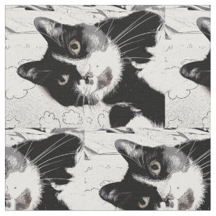 Black and White Tuxedo Cat Fabric