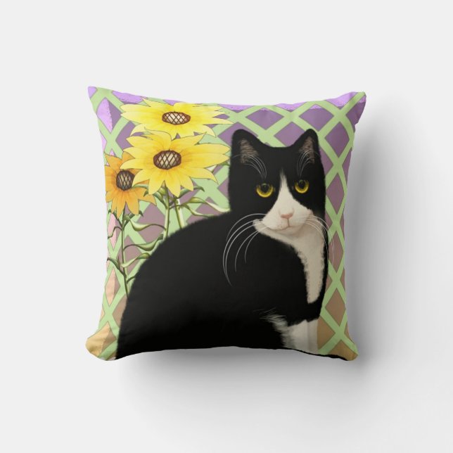 Black and White Tuxedo Cat in the Garden Cushion (Front)