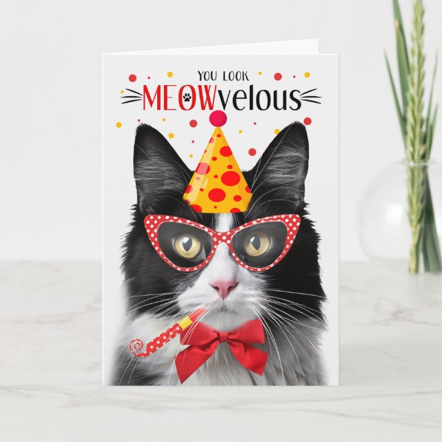 Black and White Tuxedo Cat MEOWvelous Birthday Card (Front)