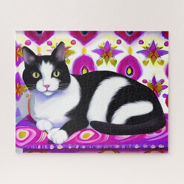 Black and White Tuxedo Cat on a Cushion  Jigsaw Puzzle (Horizontal)