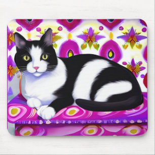 Black and White Tuxedo Cat on a Cushion  Mouse Pad