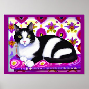 Black and White Tuxedo Cat on a Cushion  Poster