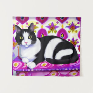 Black and White Tuxedo Cat on a Cushion  Tapestry