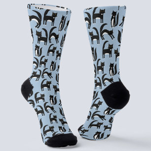 Black and White Tuxedo Cat Pattern Blue Socks