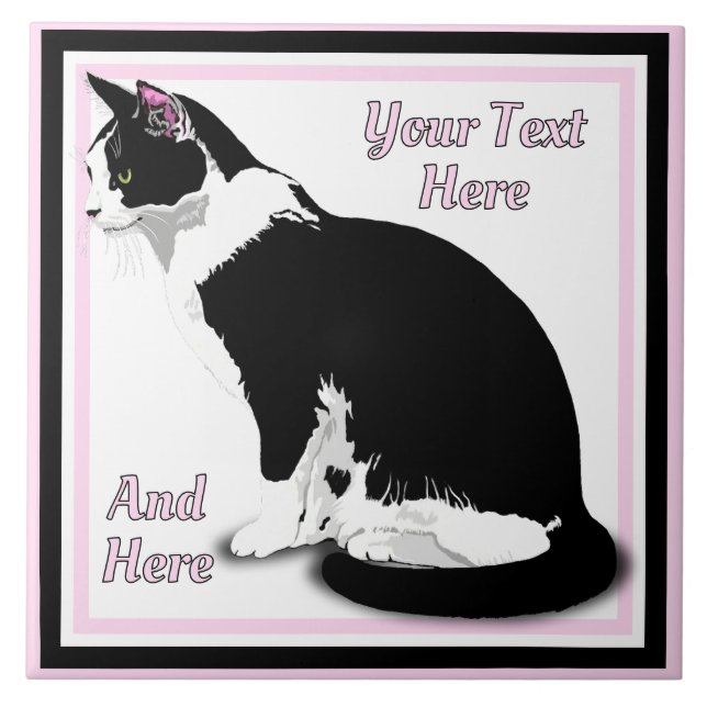 Black and White Tuxedo Cat Personalised Tile (Front)