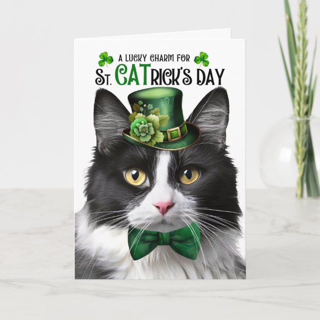 Black and White Tuxedo Cat St CATrick's Day Holiday Card (Front)
