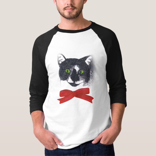 Black and White Tuxedo Cat wearing Red Bow, Tshirt (Front)