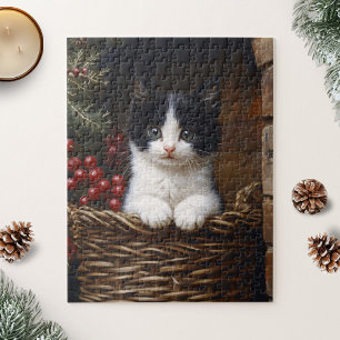 Black and White Tuxedo Cat Winter Scene Painting Jigsaw Puzzle