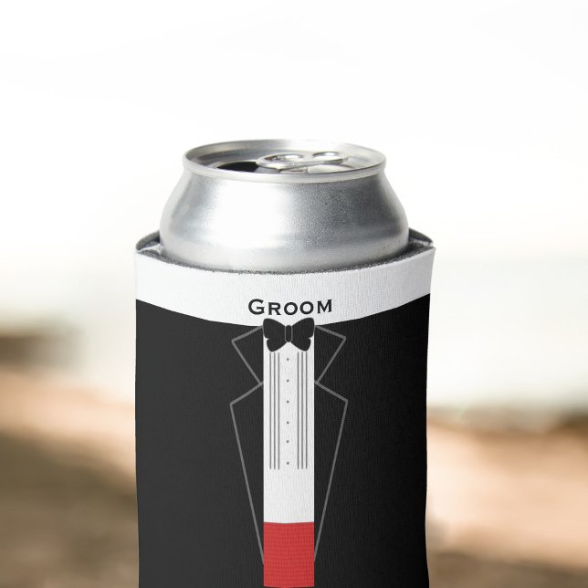 Black and White Tuxedo Groom Wedding Can Cooler (A perfect gift for your groom. Just add his name)