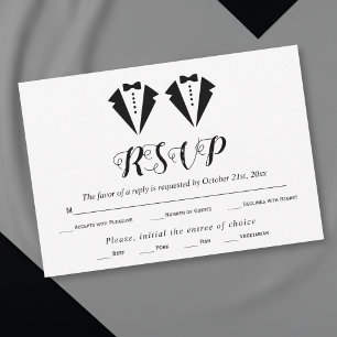 Black and white tuxedo two grooms gay wedding RSVP card