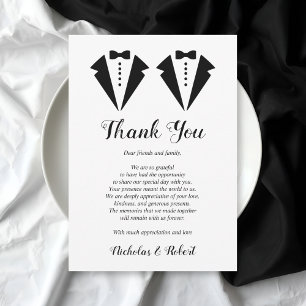 Black and white tuxedo two grooms gay wedding thank you card