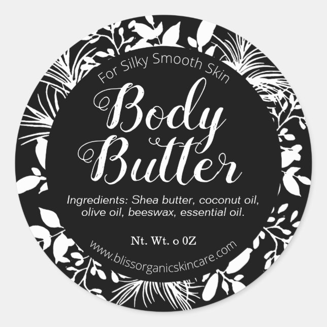 Black And White Twigs And Leaves Body Butter Scrub Classic Round Sticker (Front)