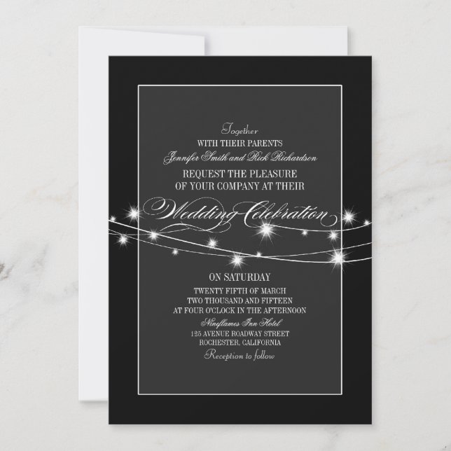 Black and white twinkle lights modern wedding invitation (Front)