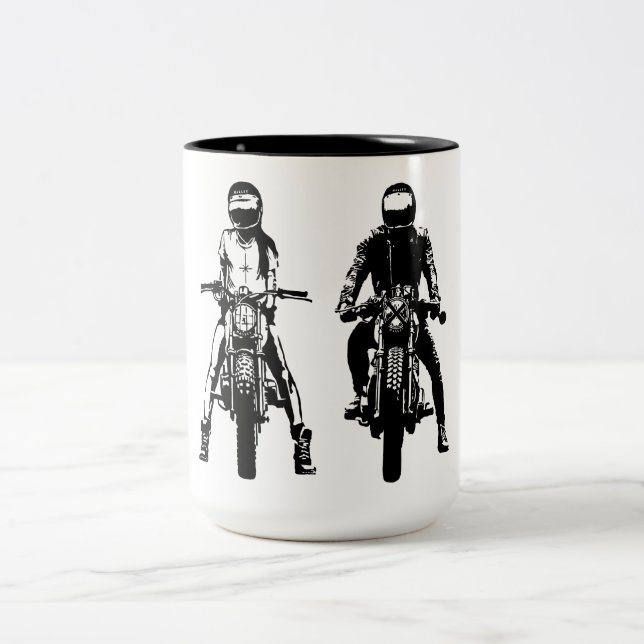 Black and White two bikers Two-Tone Coffee Mug (Center)
