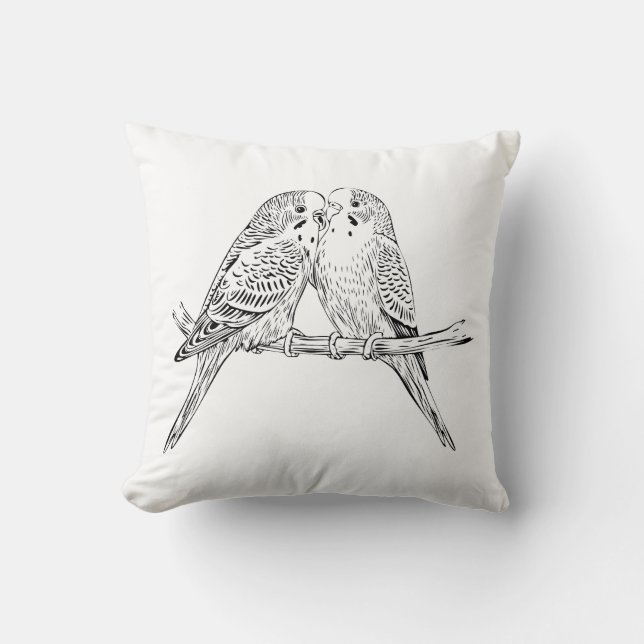 Black and white Two Budgies Perched Together Cushion (Front)