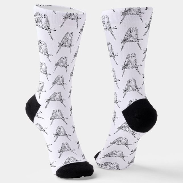 Black and white Two Budgies Perched Together Socks (Angled)
