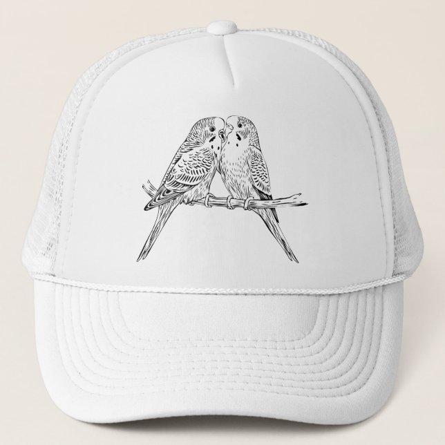 Black and white Two Budgies Perched Together Trucker Hat (Front)