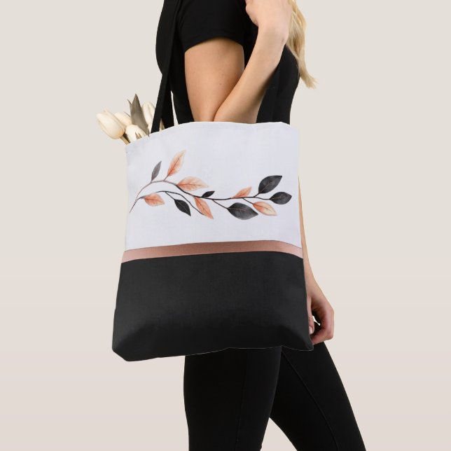 Black and White Two Tone with Leaf Design Tote Bag (Close Up)